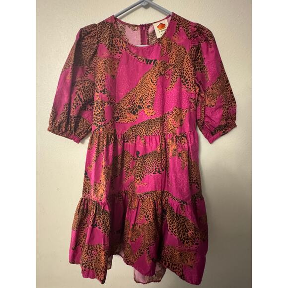Farm Rio Artsy Leopard tiered mini dress magenta and orange women's XS - Picture 1 of 3